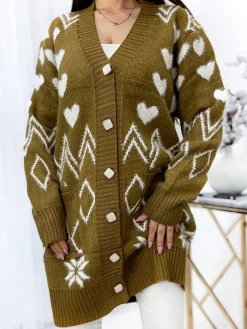 Swetry^Royalfashion Wzorzysty musztardowy damski sweter narzutka Musztarda