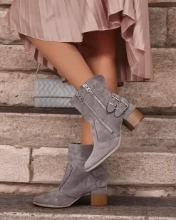 Botki Bez Ocieplenia|Botki Na Słupku^Royalfashion Zdobione botki na obcasie Zerta gołębi szary