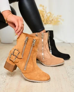 Botki Bez Ocieplenia|Botki Na Słupku^Royalfashion Zdobione botki na obcasie w kolorze camel Zerta brązowy