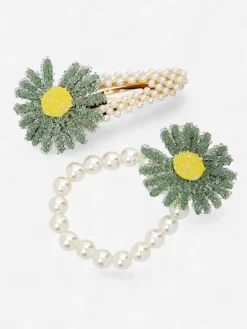Akcesoria Do Włosów^Royalfashion Zestaw spinki i gumki z kwiatem Flora Perla zielony