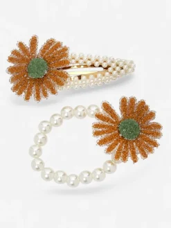 Akcesoria Do Włosów^Royalfashion Zestaw spinki i gumki z kwiatem Flora Perla pomarańczowy