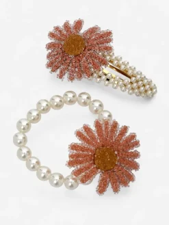 Akcesoria Do Włosów^Royalfashion Zestaw spinki i gumki z kwiatem Flora Perla Koral