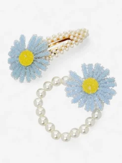 Akcesoria Do Włosów^Royalfashion Zestaw spinki i gumki z kwiatem Flora Perla niebieski