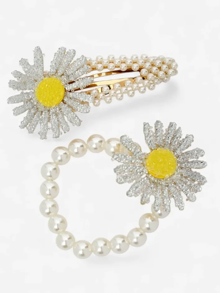 Akcesoria Do Włosów^Royalfashion Zestaw spinki i gumki z kwiatem Flora Perla srebrny