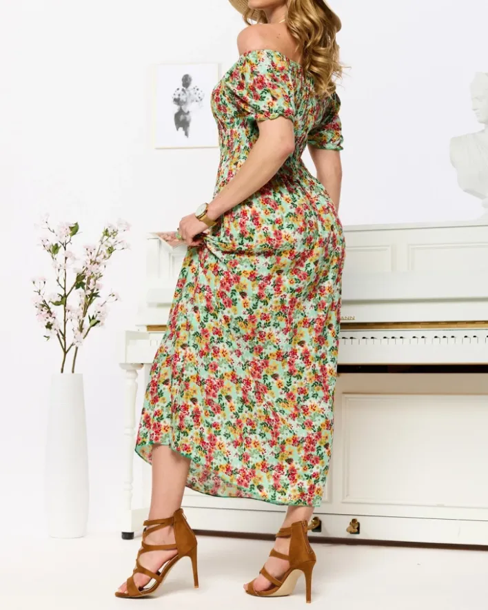 Sukienki Letnie|Sukienki Długie^Royalfashion Zielona sukienka damska midi we wzór w kwiaty zielony