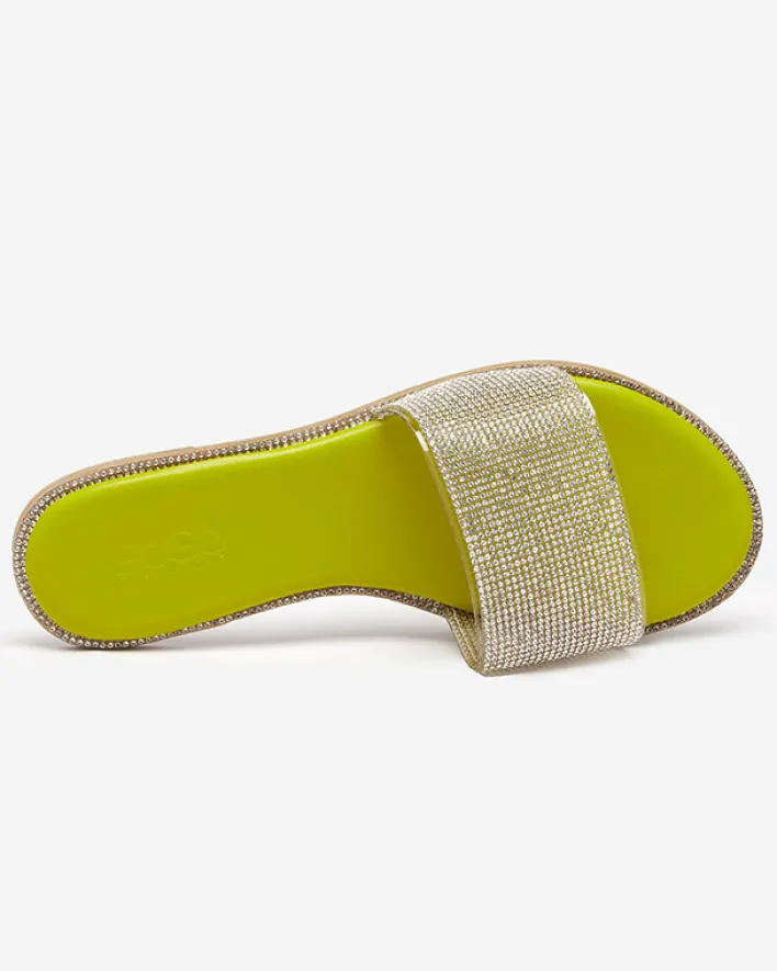 Klapki Płaskie^Royalfashion Zielone damskie klapki z cyrkoniami Verina zielony