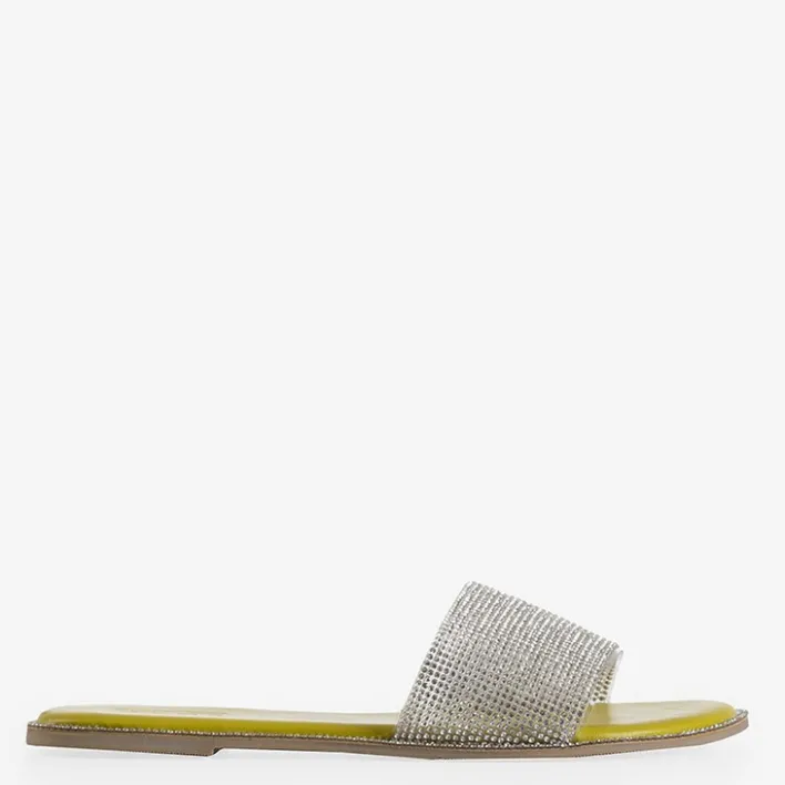 Klapki Płaskie^Royalfashion Zielone damskie klapki z cyrkoniami Verina zielony