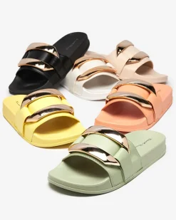 Klapki Płaskie^Royalfashion Zielone damskie klapki ze złotą ozdobą Serina zielony