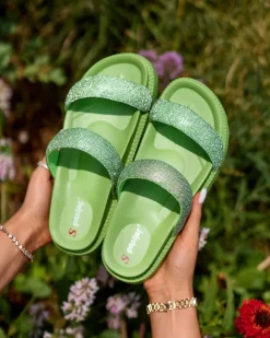 Klapki Basenowe|Klapki Płaskie^Royalfashion Zielone damskie klapki z cyrkoniami Sparkle Sliders neon