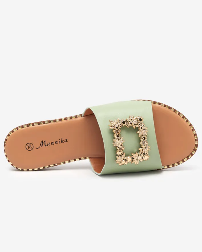 Klapki Płaskie^Royalfashion Zielone damskie eleganckie klapki ze złotą ozdobą Meriso zielony