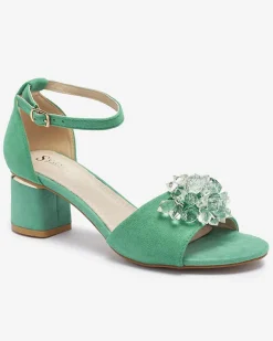 Buty Na Wielkie Wyjście|Sandały Na Słupku^Royalfashion Zielone sandały damskie na słupku z ozdobnymi kryształkami Cerosso zielony