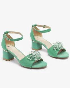 Buty Na Wielkie Wyjście|Sandały Na Słupku^Royalfashion Zielone sandały damskie na słupku z ozdobnymi kryształkami Cerosso zielony