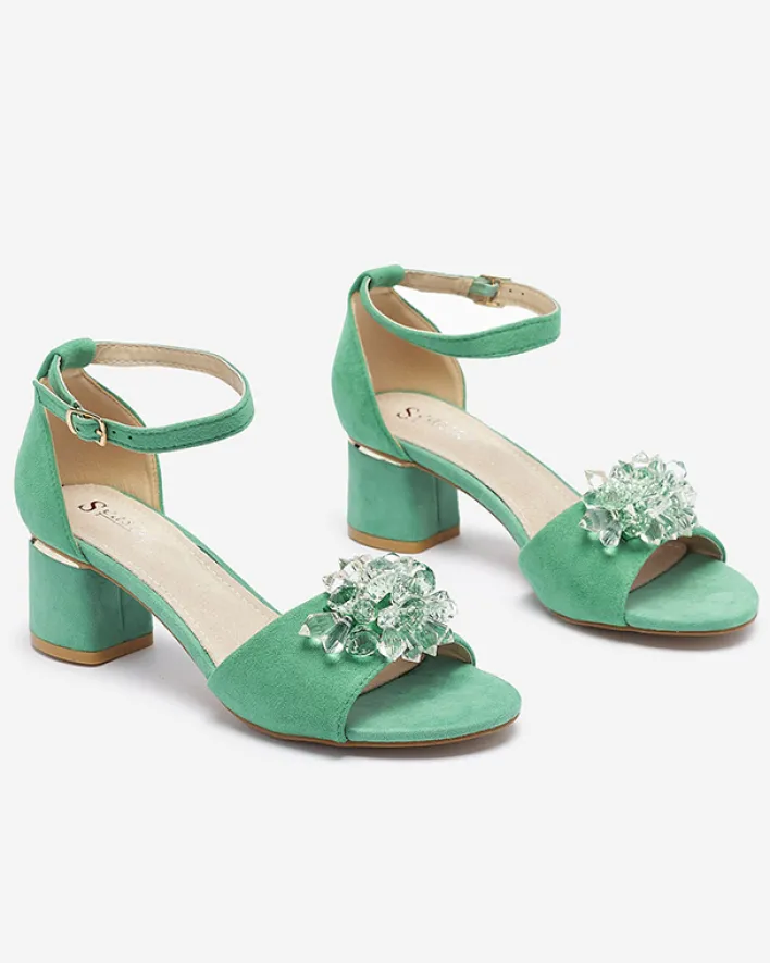Buty Na Wielkie Wyjście|Sandały Na Słupku^Royalfashion Zielone sandały damskie na słupku z ozdobnymi kryształkami Cerosso zielony