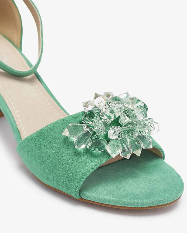 Buty Na Wielkie Wyjście|Sandały Na Słupku^Royalfashion Zielone sandały damskie na słupku z ozdobnymi kryształkami Cerosso zielony