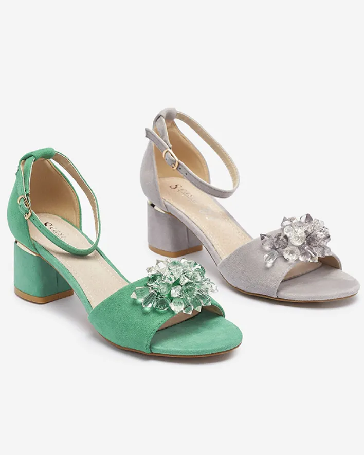 Buty Na Wielkie Wyjście|Sandały Na Słupku^Royalfashion Zielone sandały damskie na słupku z ozdobnymi kryształkami Cerosso zielony