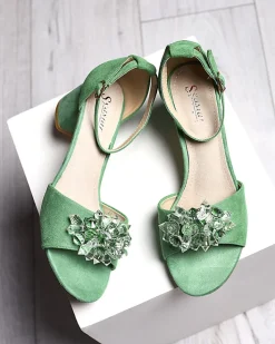 Buty Na Wielkie Wyjście|Sandały Na Słupku^Royalfashion Zielone sandały damskie na słupku z ozdobnymi kryształkami Cerosso zielony