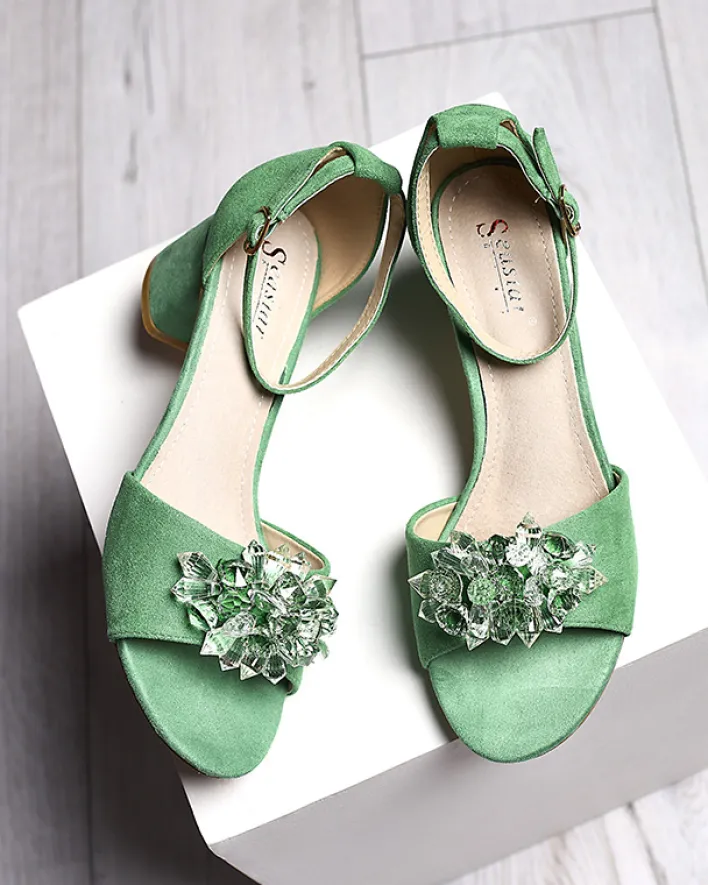 Buty Na Wielkie Wyjście|Sandały Na Słupku^Royalfashion Zielone sandały damskie na słupku z ozdobnymi kryształkami Cerosso zielony