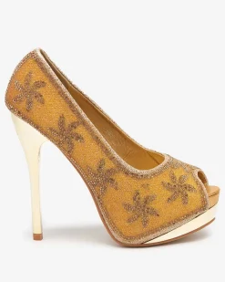 Szpilki|Klasyczne^Royalfashion Złote brokatowe damskie szpilki z cyrkoniami Yilla złoty