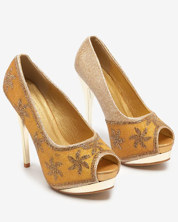 Szpilki|Klasyczne^Royalfashion Złote brokatowe damskie szpilki z cyrkoniami Yilla złoty