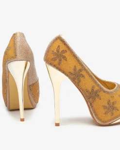 Szpilki|Klasyczne^Royalfashion Złote brokatowe damskie szpilki z cyrkoniami Yilla złoty