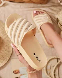 Klapki Basenowe|Klapki Płaskie^Royalfashion Złote damskie klapki z cyrkoniami Mytaris złoty