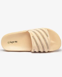 Klapki Basenowe|Klapki Płaskie^Royalfashion Złote damskie klapki z cyrkoniami Mytaris złoty