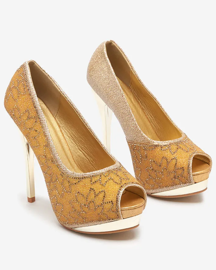 Szpilki|Klasyczne^Royalfashion Złote damskie brokatowe czółenka z cyrkoniami Vida złoty