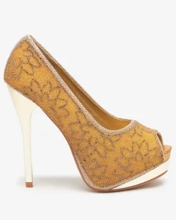 Szpilki|Klasyczne^Royalfashion Złote damskie brokatowe czółenka z cyrkoniami Vida złoty