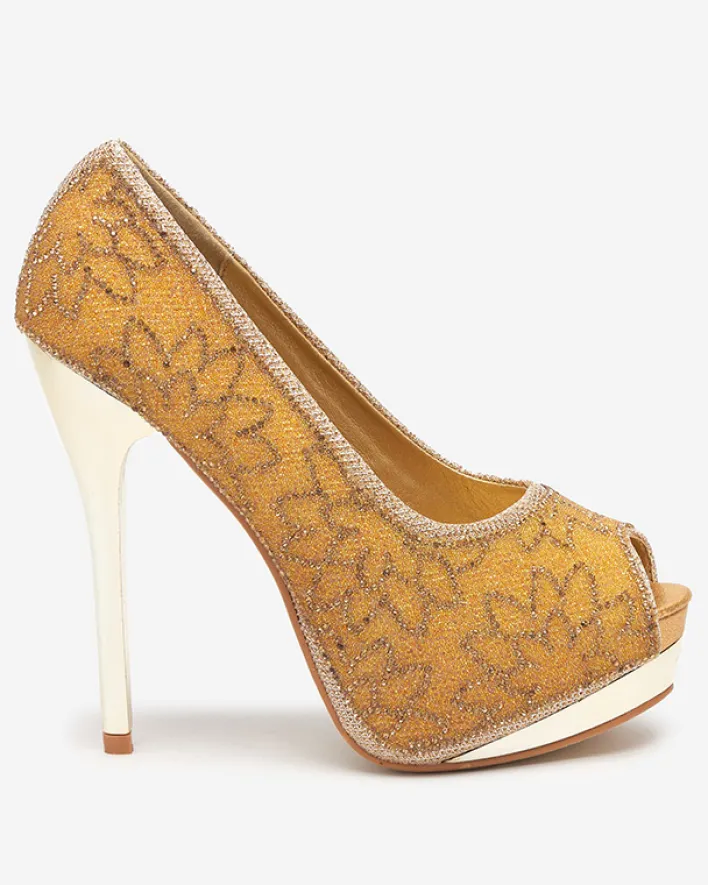 Szpilki|Klasyczne^Royalfashion Złote damskie brokatowe czółenka z cyrkoniami Vida złoty