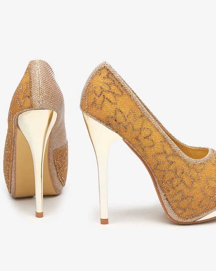 Szpilki|Klasyczne^Royalfashion Złote damskie brokatowe czółenka z cyrkoniami Vida złoty