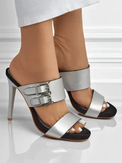 Klapki Na Obcasie^Royalfashion Sandaly Aletheia srebrne na szpilce 12cm skóra ekologiczna opinane paseczki