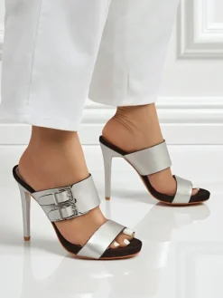 Klapki Na Obcasie^Royalfashion Sandaly Aletheia srebrne na szpilce 12cm skóra ekologiczna opinane paseczki