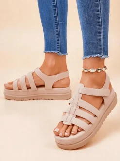 Sandały Płaskie^Royalfashion Sandaly - Caligae Beżowe Zamszowe na Platformie - Idealne na Lato i Wiosnę beżowy