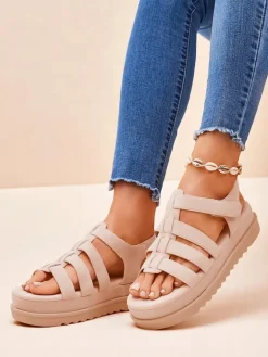 Sandały Płaskie^Royalfashion Sandaly - Caligae Beżowe Zamszowe na Platformie - Idealne na Lato i Wiosnę beżowy