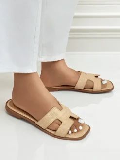 Klapki Płaskie^Royalfashion Sandały damskie beżowe Letizia wygodne płaskie skóra ekologiczna lato beżowy