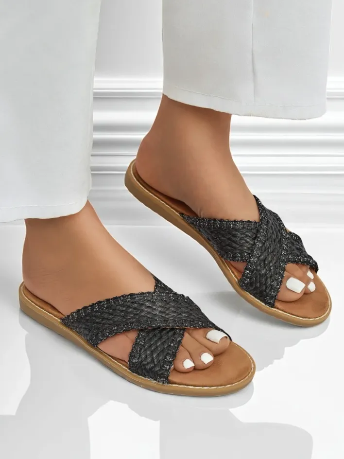 Klapki Płaskie^Royalfashion Sandały damskie Calista Nero płaskie, czarna plecionka, skóra ekologiczna czarny