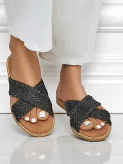 Klapki Płaskie^Royalfashion Sandały damskie Calista Nero płaskie, czarna plecionka, skóra ekologiczna czarny