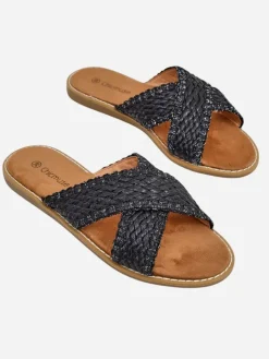 Klapki Płaskie^Royalfashion Sandały damskie Calista Nero płaskie, czarna plecionka, skóra ekologiczna czarny