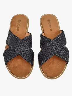 Klapki Płaskie^Royalfashion Sandały damskie Calista Nero płaskie, czarna plecionka, skóra ekologiczna czarny