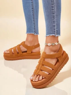 Sandały Płaskie^Royalfashion Sandały damskie Callista na platformie skóra ekologiczna Camel