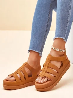 Sandały Płaskie^Royalfashion Sandały damskie Callista na platformie skóra ekologiczna Camel