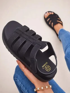 Sandały Płaskie^Royalfashion Sandały damskie Heraclea na platformie czarne z ekoskóry czarny