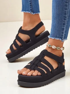 Sandały Płaskie^Royalfashion Sandały damskie Heraclea na platformie czarne z ekoskóry czarny