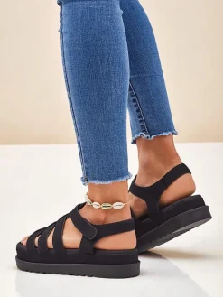 Sandały Płaskie^Royalfashion Sandały damskie Heraclea na platformie czarne z ekoskóry czarny