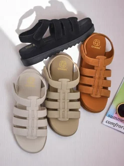 Sandały Płaskie^Royalfashion Sandały damskie Heraclea na platformie czarne z ekoskóry czarny