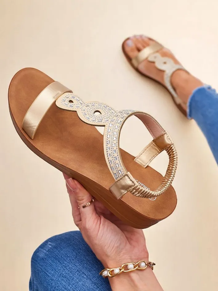 Sandały Na Koturnie^Royalfashion Sandały damskie na koturnie Aurelia złote skóra ekologiczna złoty