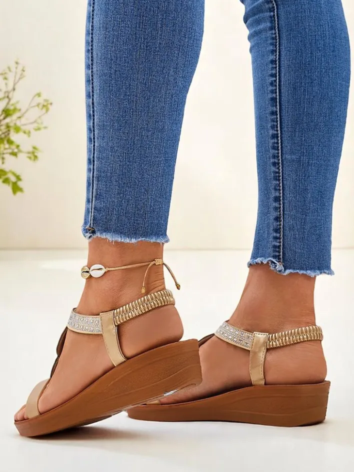 Sandały Na Koturnie^Royalfashion Sandały damskie na koturnie Aurelia złote skóra ekologiczna złoty