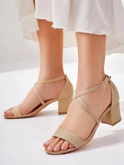 Sandały Na Słupku^Royalfashion Sandały damskie Aurelia z tkaniny na słupku złote 41 złoty