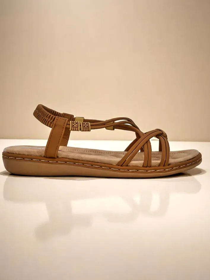 Sandały Płaskie^Royalfashion Sandały damskie Cressida płaski komfort skóra eco lato Camel