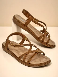 Sandały Płaskie^Royalfashion Sandały damskie Cressida płaski komfort skóra eco lato Camel